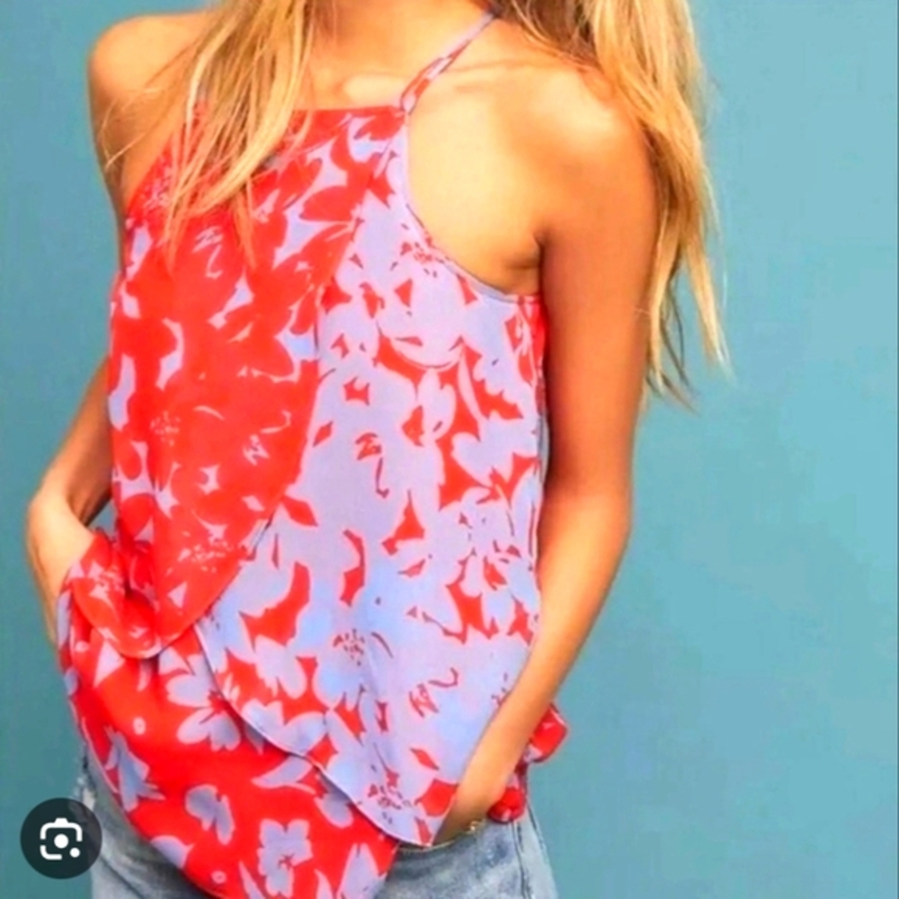 Anthropologie Red and Lavender Floral Layered Cami Tank